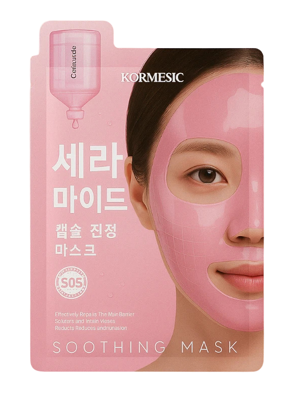 Kormesic Soothing raminanti veido kaukė su ceramidų kapsulėmis 25 ml baltame fone
