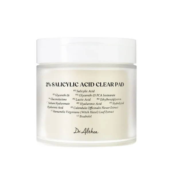 Dr. Althea 2% Salicylic Acid Clear valomieji veido diskeliai baltame fone