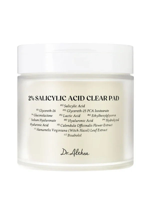 Dr. Althea 2% Salicylic Acid Clear valomieji veido diskeliai baltame fone