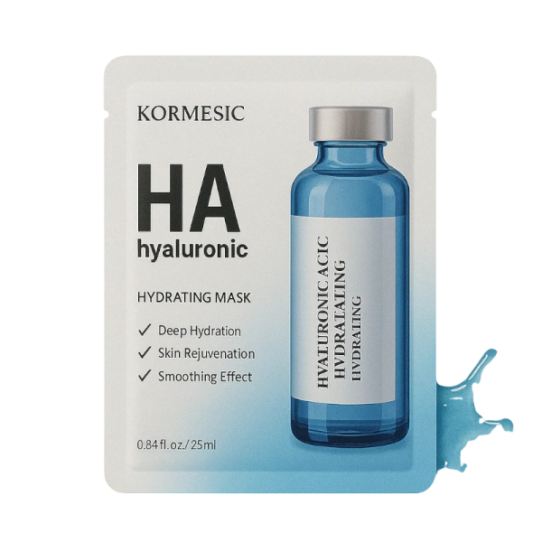 Kormesic Hydrating drėkinanti veido kaukė su hialurono rūgštimi 25 ml baltame fone