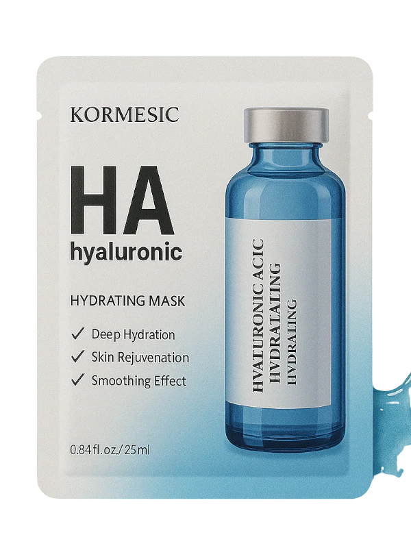 Kormesic Hydrating drėkinanti veido kaukė su hialurono rūgštimi 25 ml baltame fone