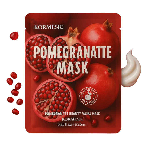 Kormesic Pomegranate Radiance & Anti-Wrinkle veido kaukė 25 ml baltame fone