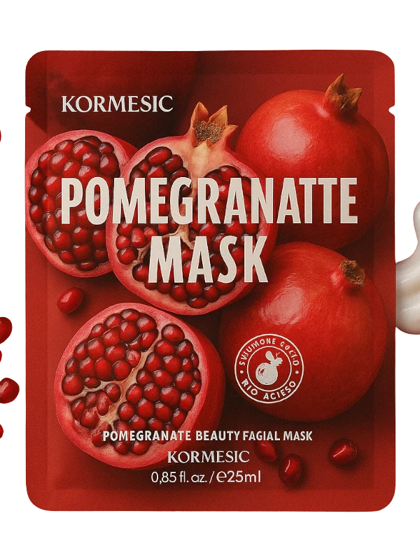 Kormesic Pomegranate Radiance & Anti-Wrinkle veido kaukė 25 ml baltame fone