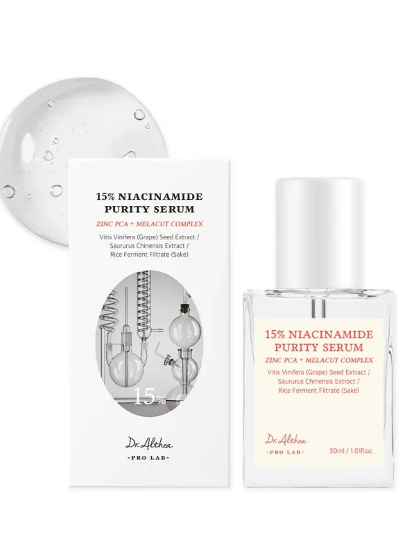 Dr. Althea Niacinamide Purity serumas 15 procentų 30 ml baltame fone